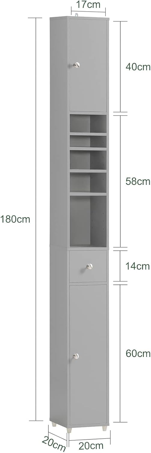 Slim Tall Bathroom Cabinet 20cm Grey Drawer Shelves 180cm