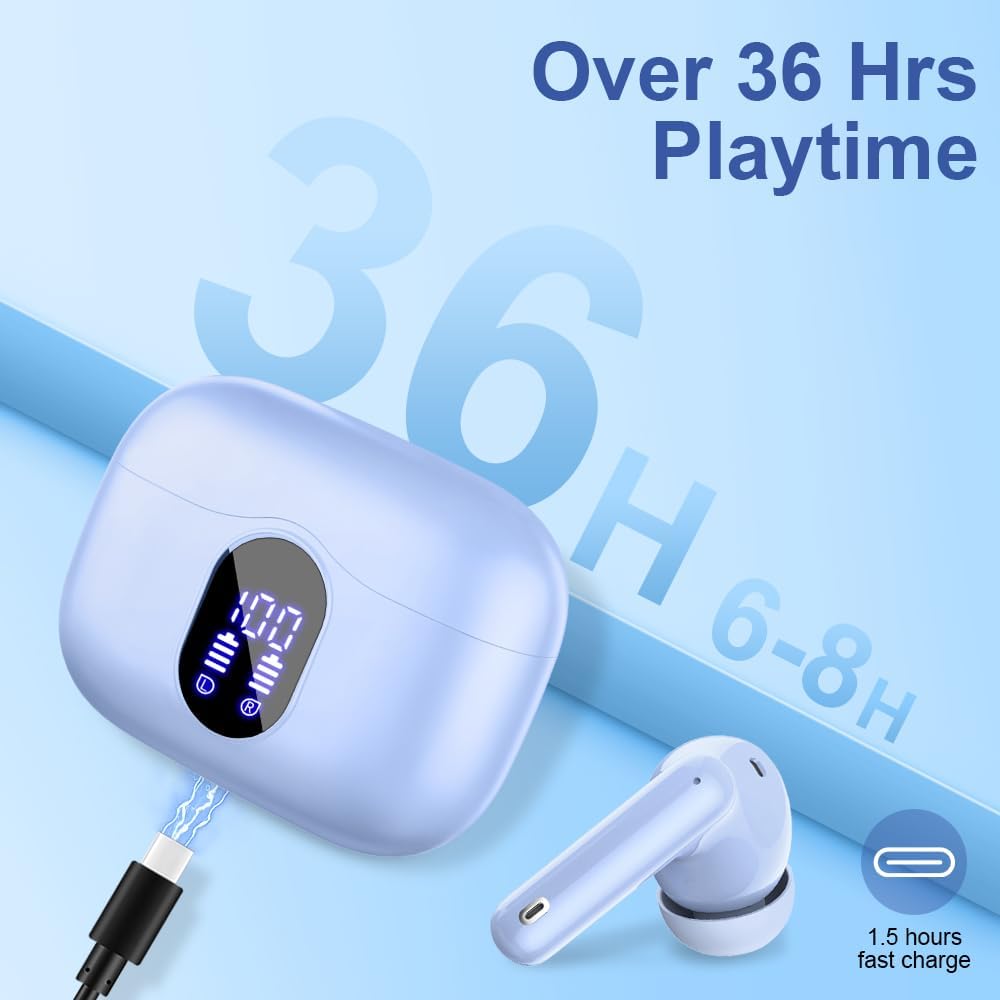 Wireless Bluetooth 5.3 Earbuds ENC Mic Deep Bass 36H LED