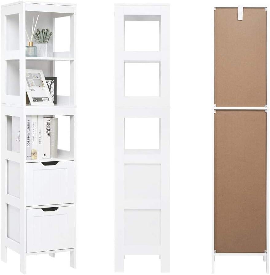 Tall Slim Bathroom Storage Cabinet 2 Drawers 3 Shelves White MDF