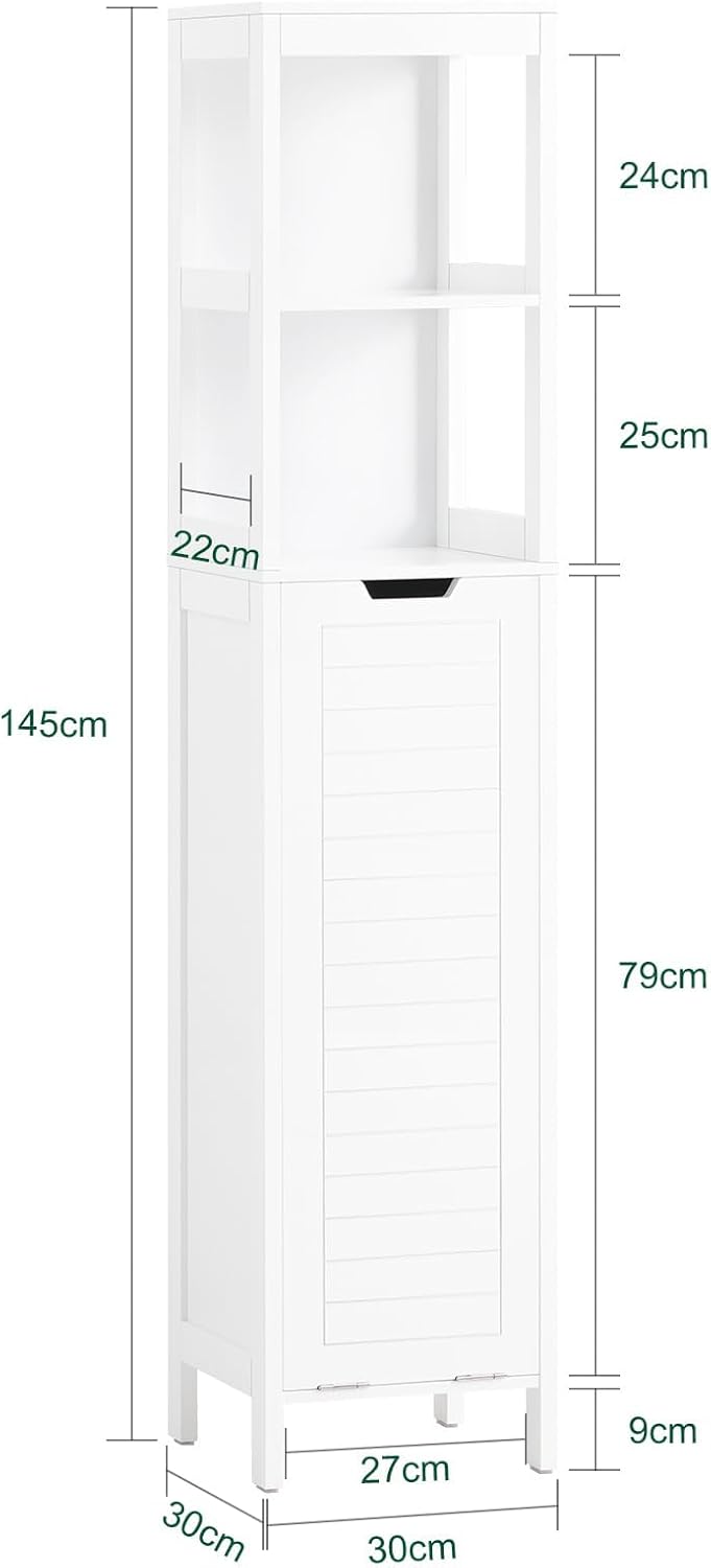 Slim Bathroom Storage Cabinet Laundry Basket Tall Shelf Unit White
