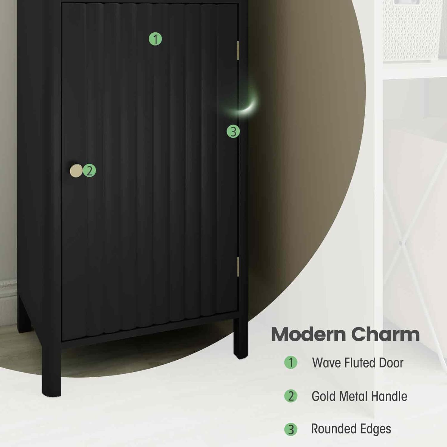 Tall Bathroom Storage Cabinet Black Fluted Door Drawer 170cm
