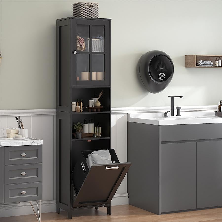 Tall Bathroom Cabinet Laundry Basket Acrylic Door Black 170cm