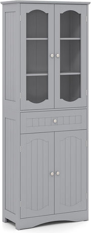 Tall Bathroom Cabinet Glass Door Drawer Shelf Unit Grey