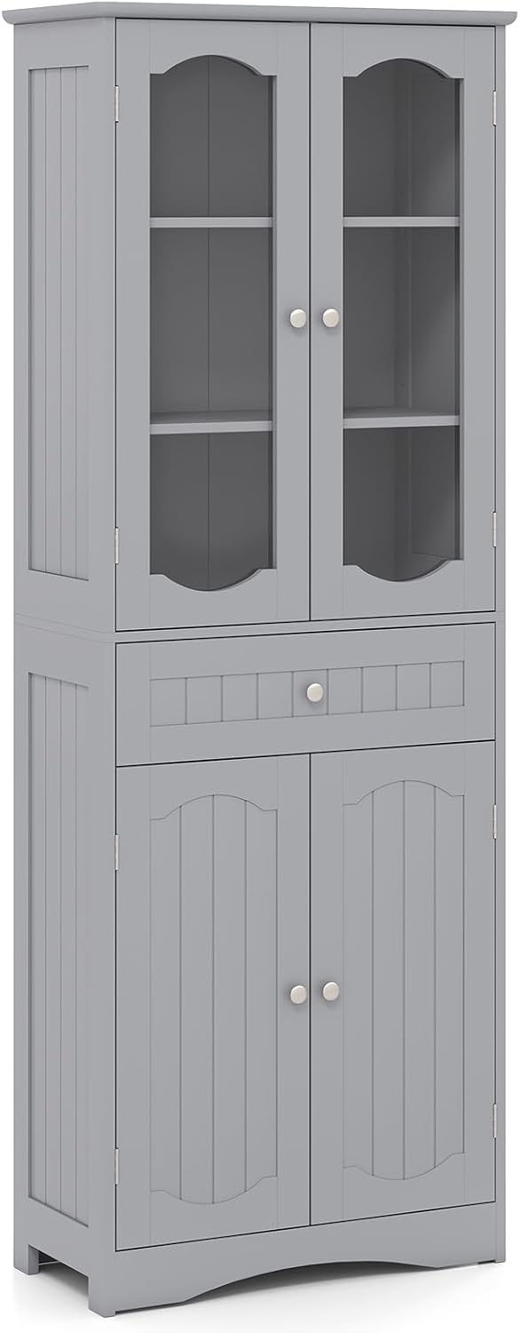 Tall Bathroom Cabinet Glass Door Drawer Shelf Unit Grey