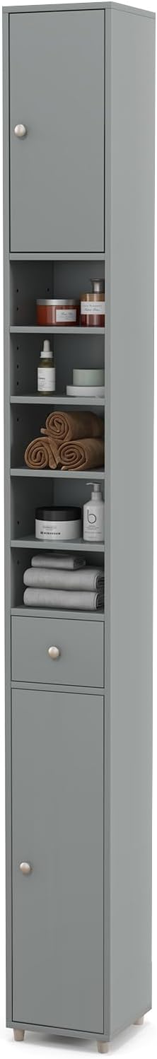 Tall Slim Storage Cabinet Grey Drawer Adjustable Shelf Unit