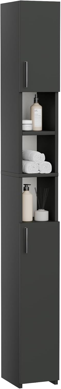 Slim Tall Bathroom Cabinet Black 2 Door Shelf Unit