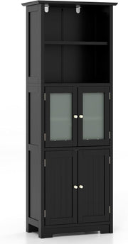 Tall Storage Cabinet Glass Door 6 Tier Shelf Unit Black