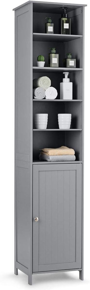 Slim Tall Bathroom Storage Cabinet 5 Shelf Cupboard Grey