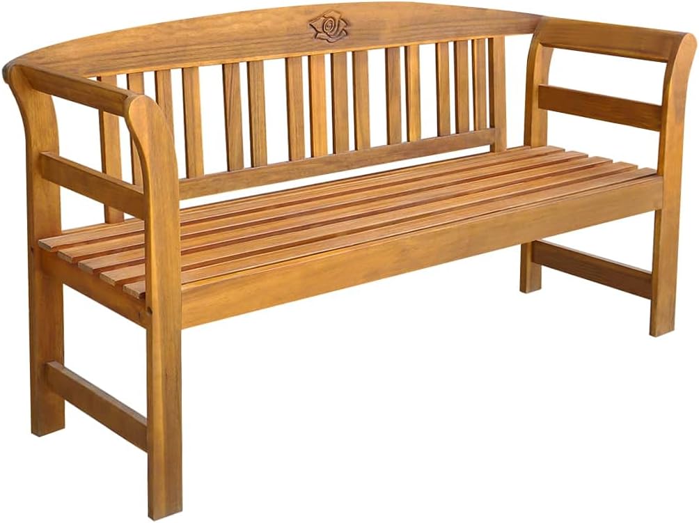 3 Seater Acacia Wood Garden Bench Rose Engraved Patio Seat 157cm