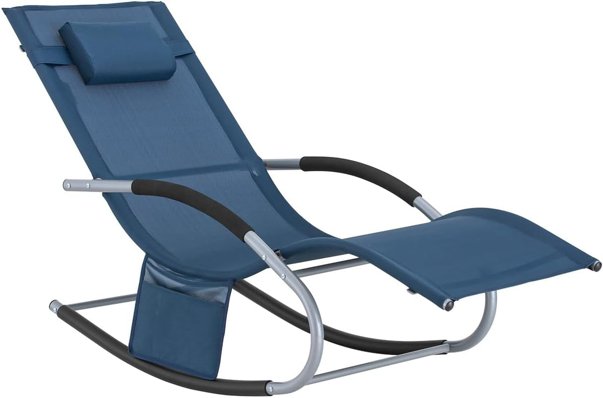 Outdoor Rocking Recliner Chair with Pillow Pocket Blue