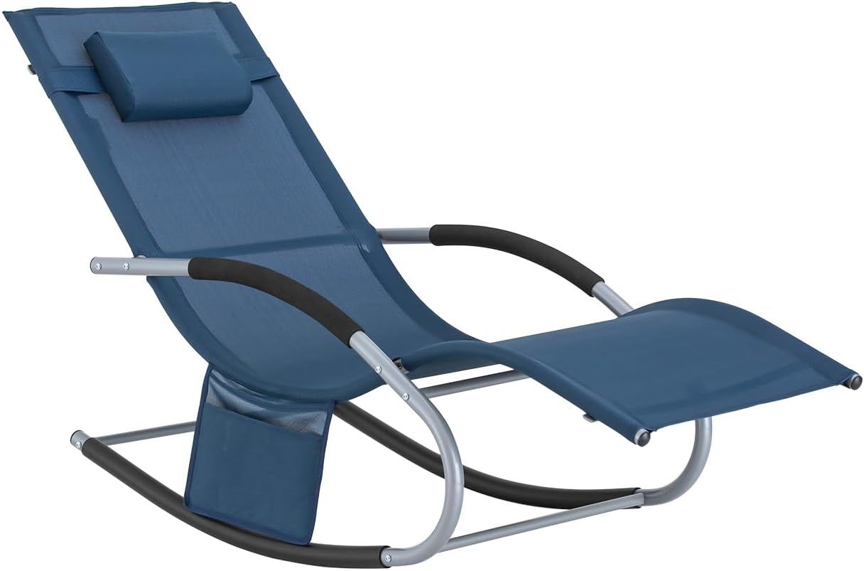 Outdoor Rocking Recliner Chair with Pillow Pocket Blue