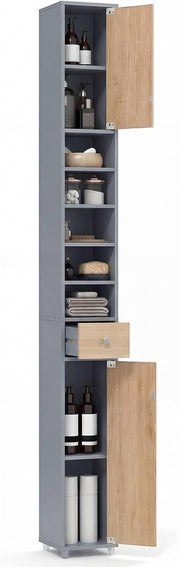Slim Bathroom Tall Storage Cabinet Drawer Shelf Grey Natural