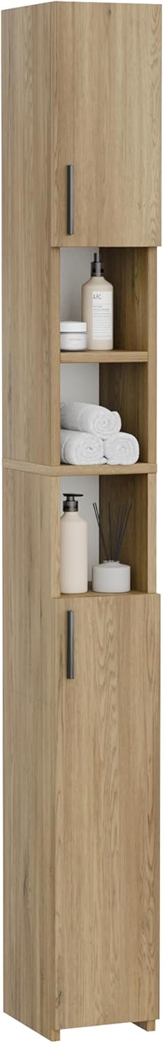 Slim Tall Bathroom Cabinet Oak 2 Door Shelf Unit