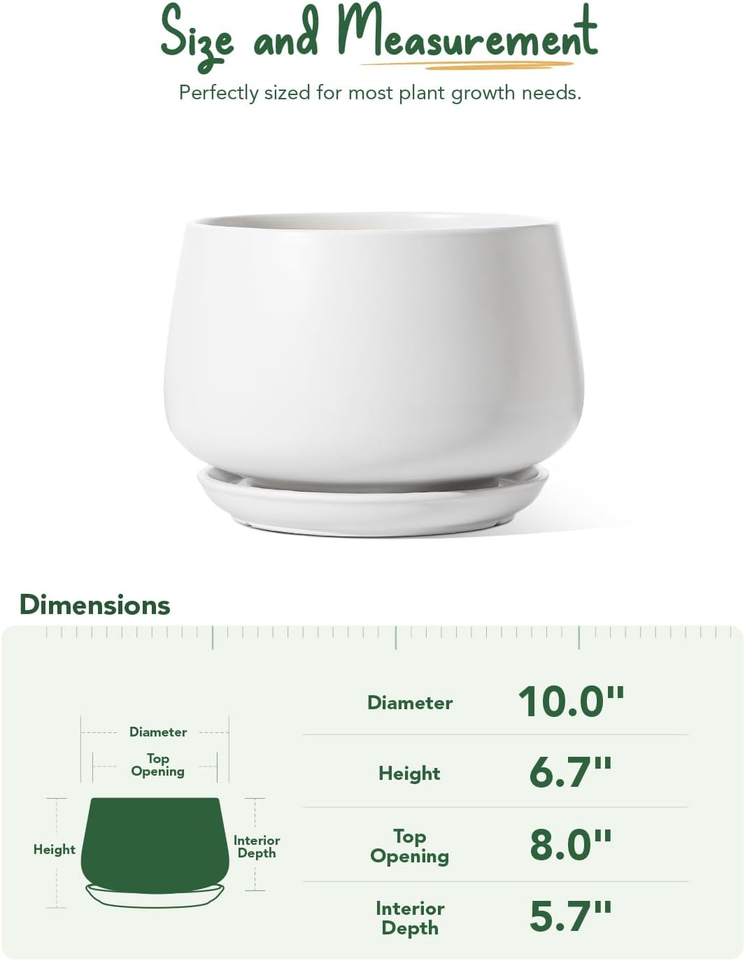 25cm White Ceramic Plant Pot Modern Planter with Drainage Saucer