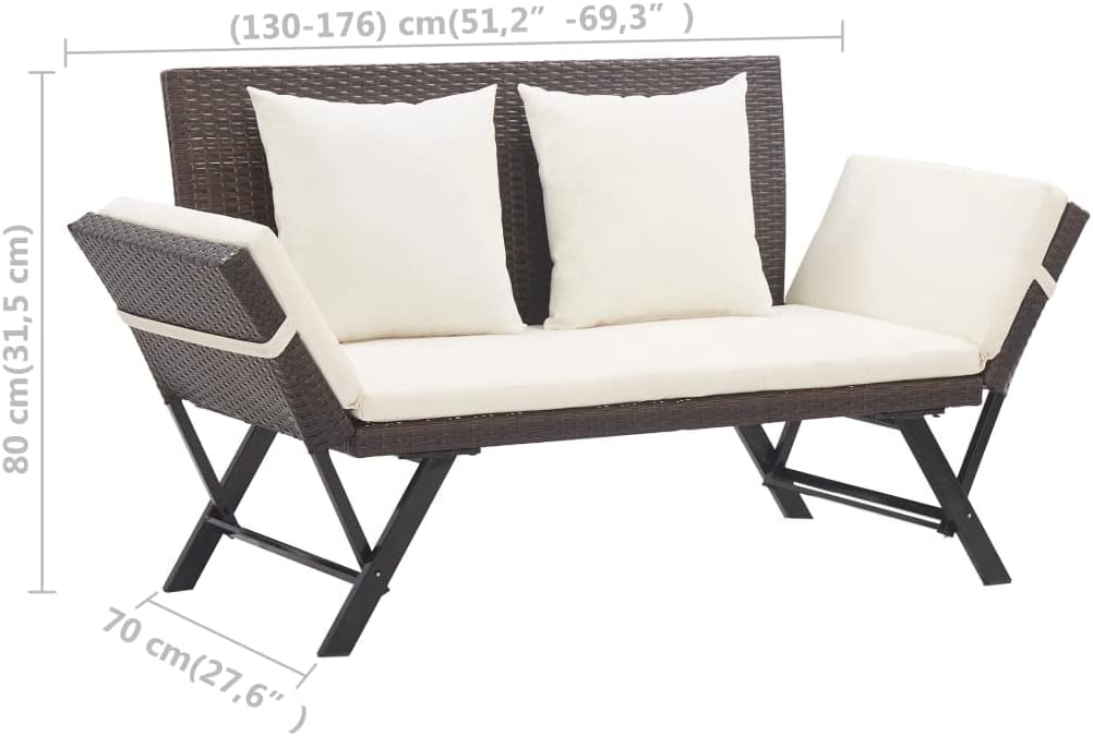 2 in 1 Rattan Garden Bench Convertible Day Bed w/Cushions