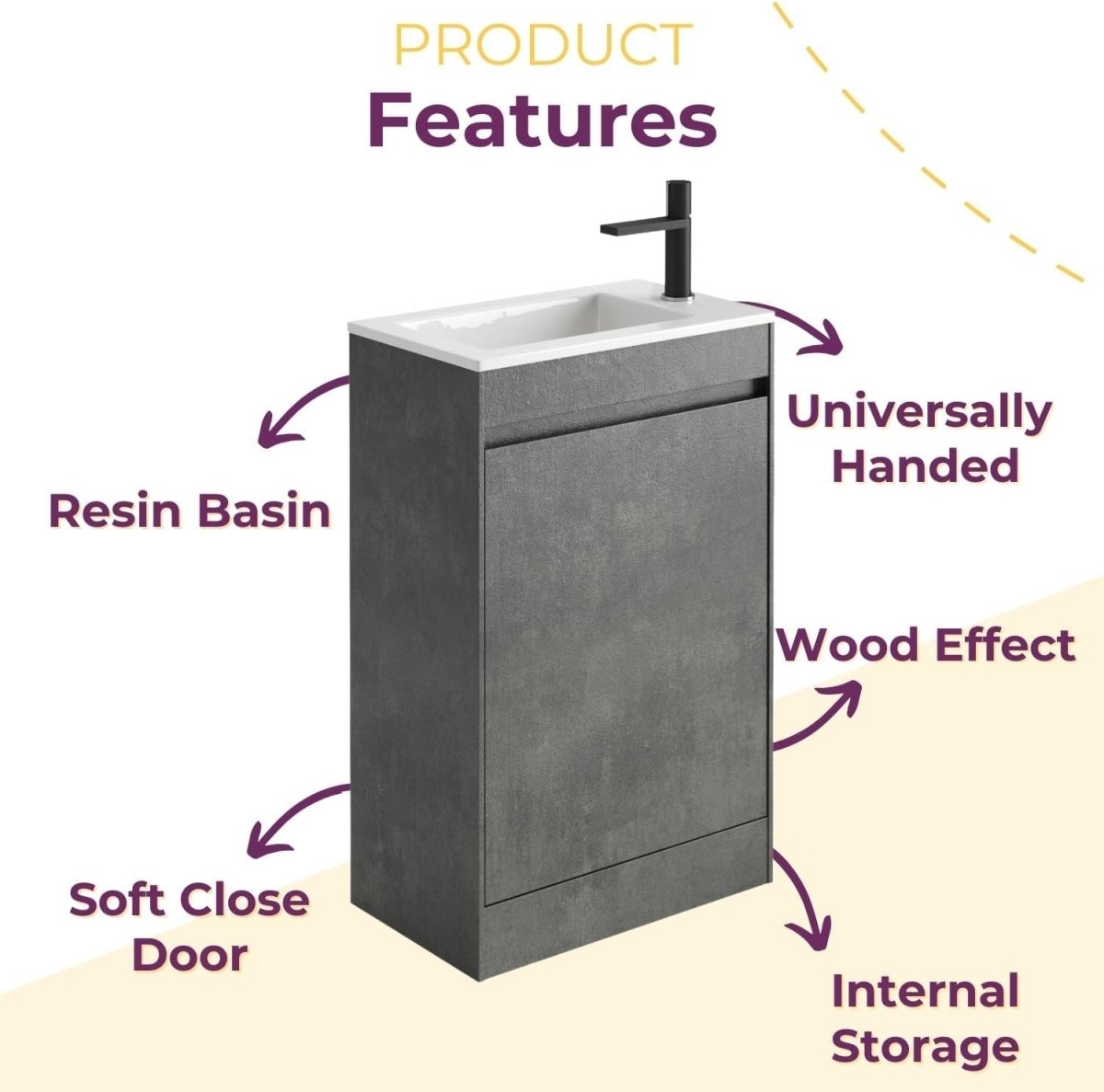 550mm Grey Floor Standing Vanity Unit with Polymarble Basin & Soft Close Door - Kwikley