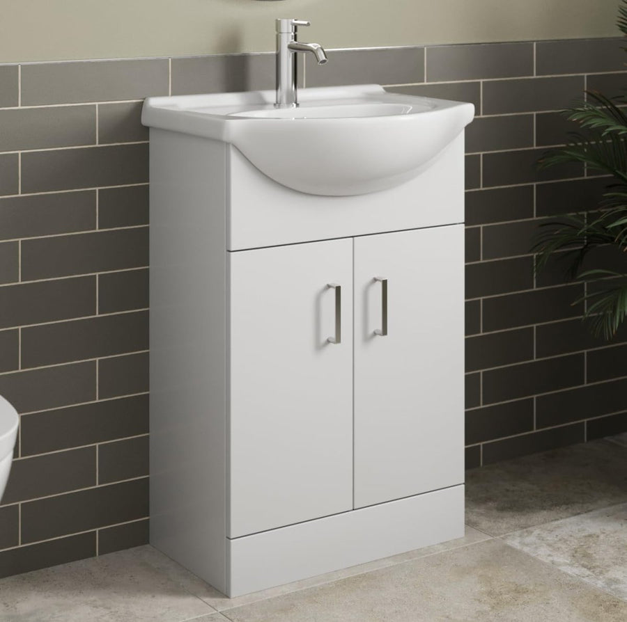 560mm White Gloss Vanity Sink Unit – Freestanding Basin Cabinet Soft Close Doors - Kwikley