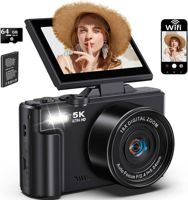 5K 75MP Vlogging Camera WiFi Flip Screen Zoom Camera 64GB
