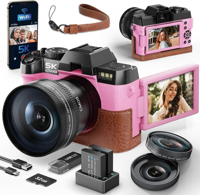 5K Digital Camera 64MP WiFi Vlogging Camera Flip Screen 16X Zoom