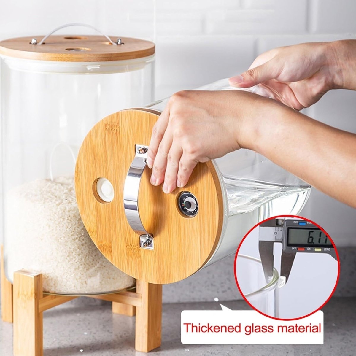 5L Glass Rice Dispenser Airtight Bamboo Stand Cereal Bin - Kwikley