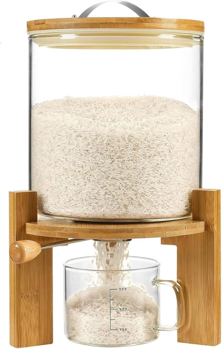 5L Glass Rice Dispenser Airtight Bamboo Stand Cereal Bin - Kwikley