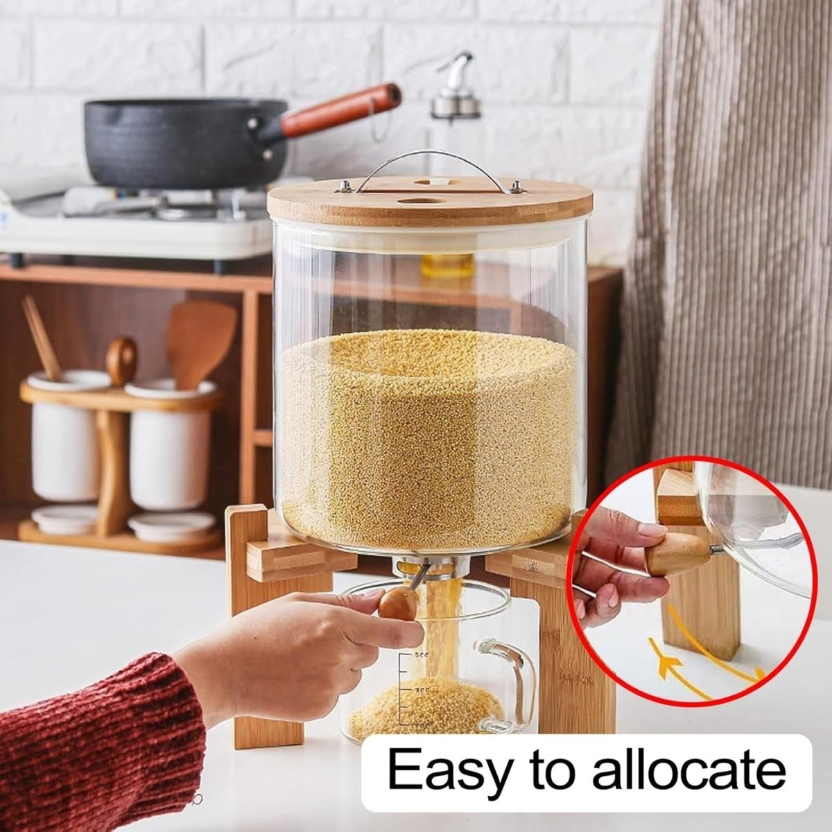 5L Glass Rice Dispenser Airtight Bamboo Stand Cereal Bin - Kwikley
