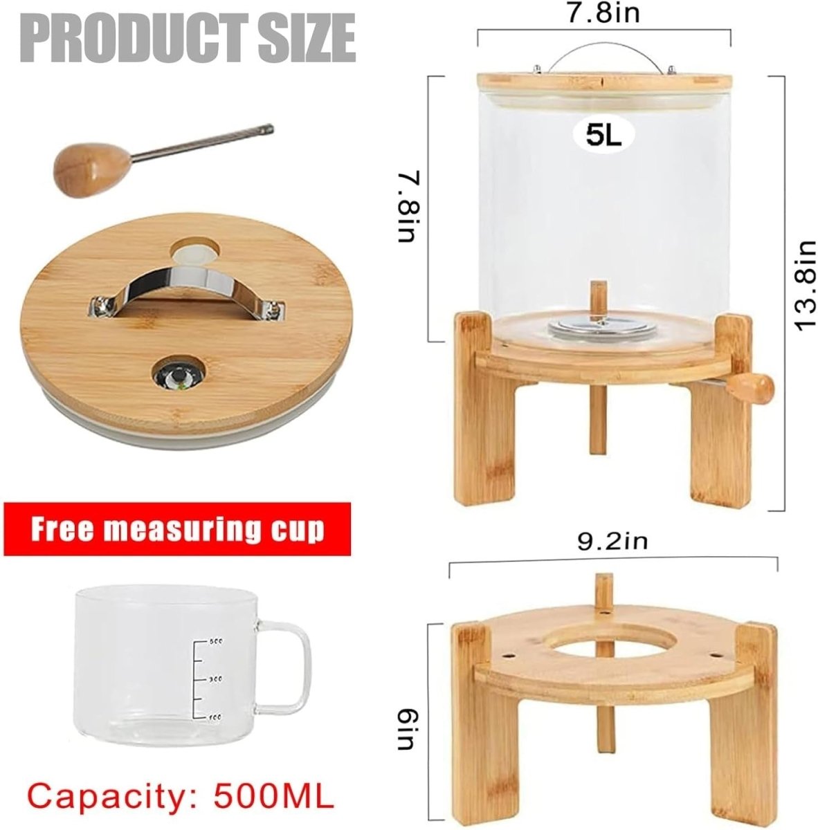 5L Glass Rice Dispenser Airtight Bamboo Stand Cereal Bin - Kwikley