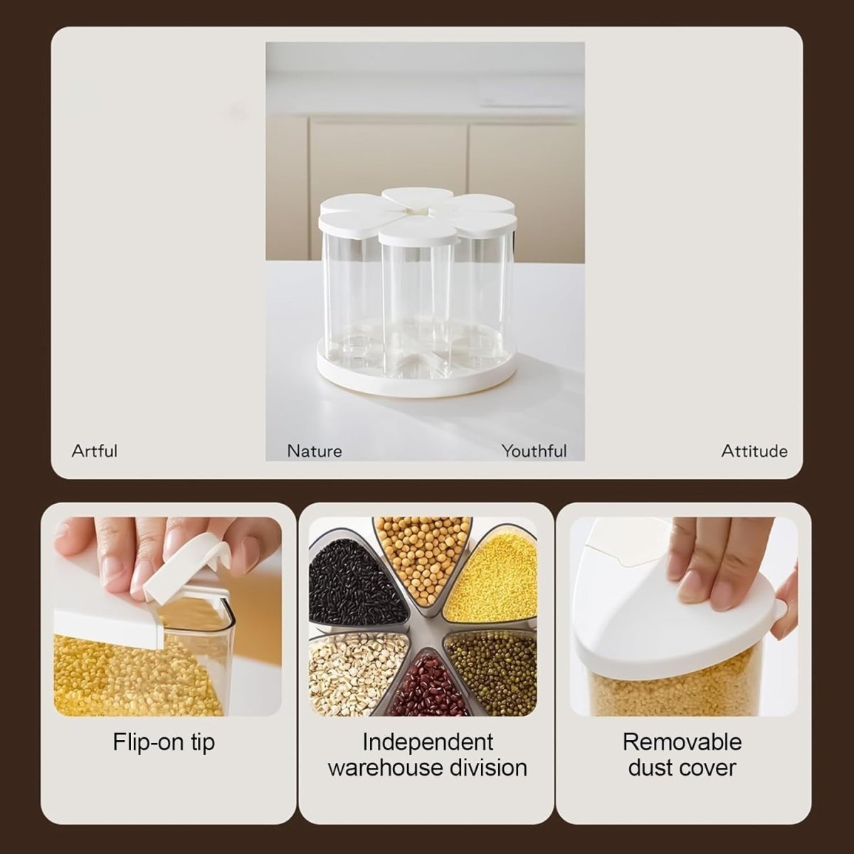 6 Grid Rotating Rice Dispenser Airtight Grain Cereal Storage Bin - Kwikley