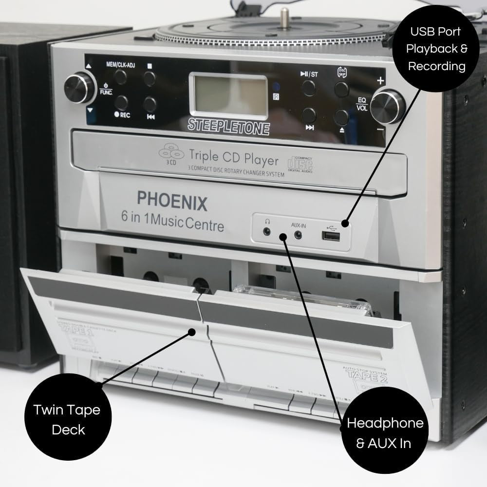 6 in 1 Music Centre Triple CD Vinyl Cassette Bluetooth FM USB SD - Kwikley