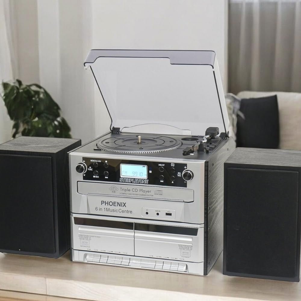 6 in 1 Music Centre Triple CD Vinyl Cassette Bluetooth FM USB SD - Kwikley
