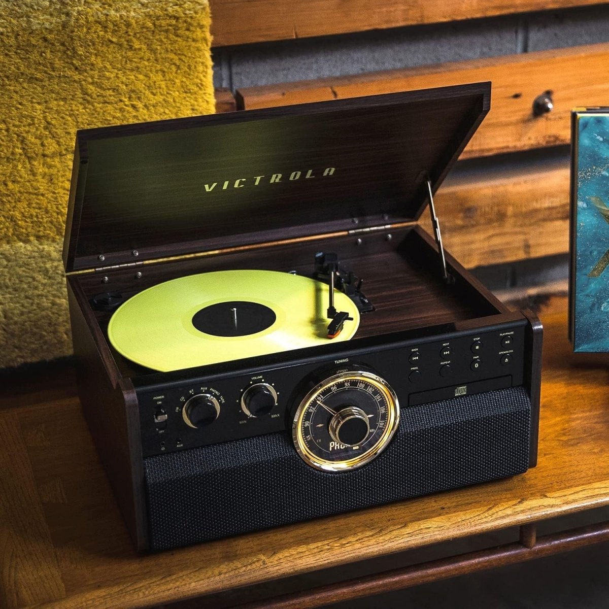 6 - in - 1 Record Player Bluetooth CD Cassette FM Radio Turntable Wood - Kwikley