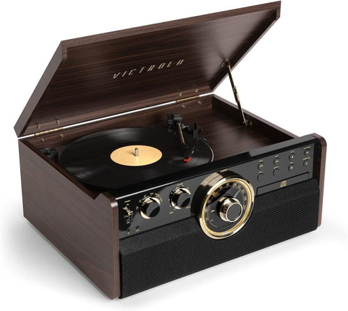 6 - in - 1 Record Player Bluetooth CD Cassette FM Radio Turntable Wood - Kwikley