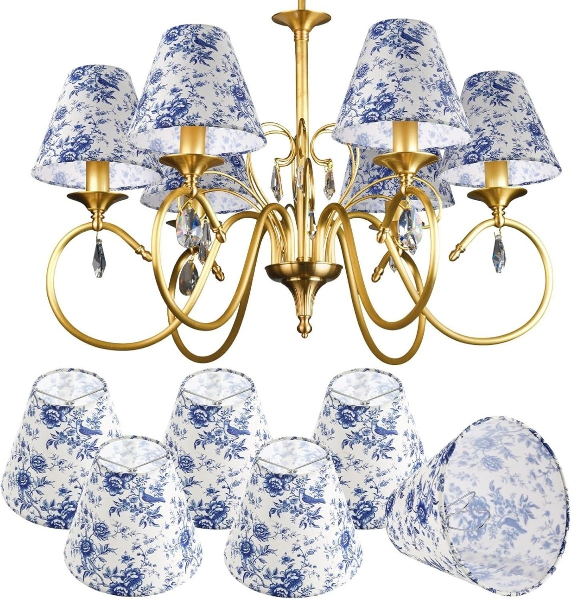 6 Pack Chandelier Clip Lampshades Blue Floral French Toile Fabric - Kwikley