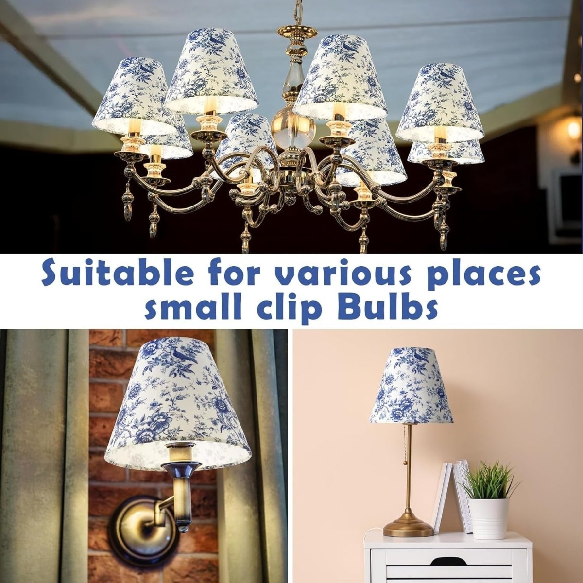 6 Pack Chandelier Clip Lampshades Blue Floral French Toile Fabric - Kwikley