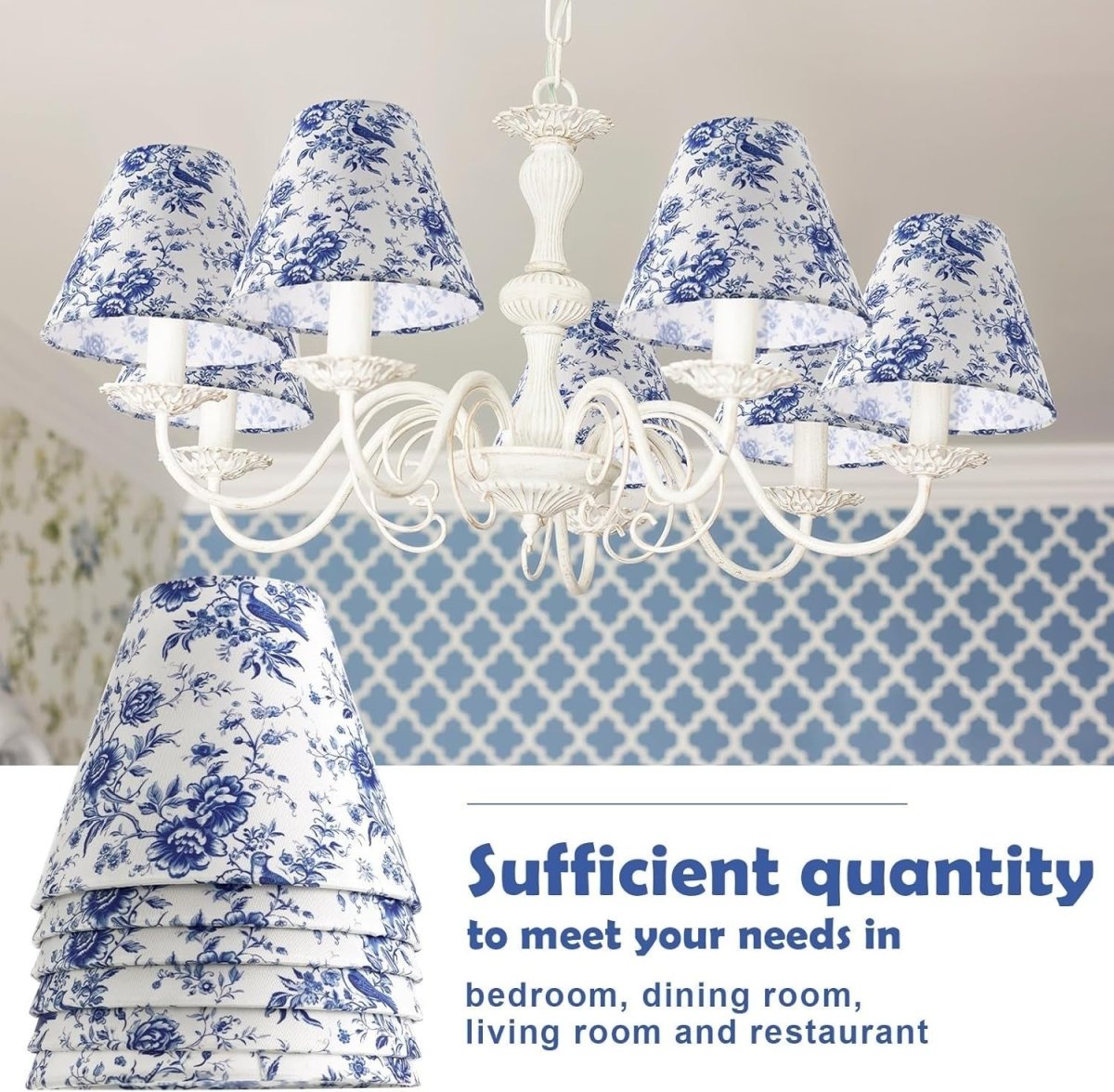 6 Pack Chandelier Clip Lampshades Blue Floral French Toile Fabric - Kwikley