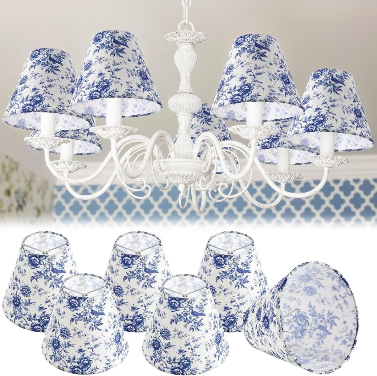 6 Pack Chandelier Clip Lampshades Blue Floral French Toile Fabric - Kwikley