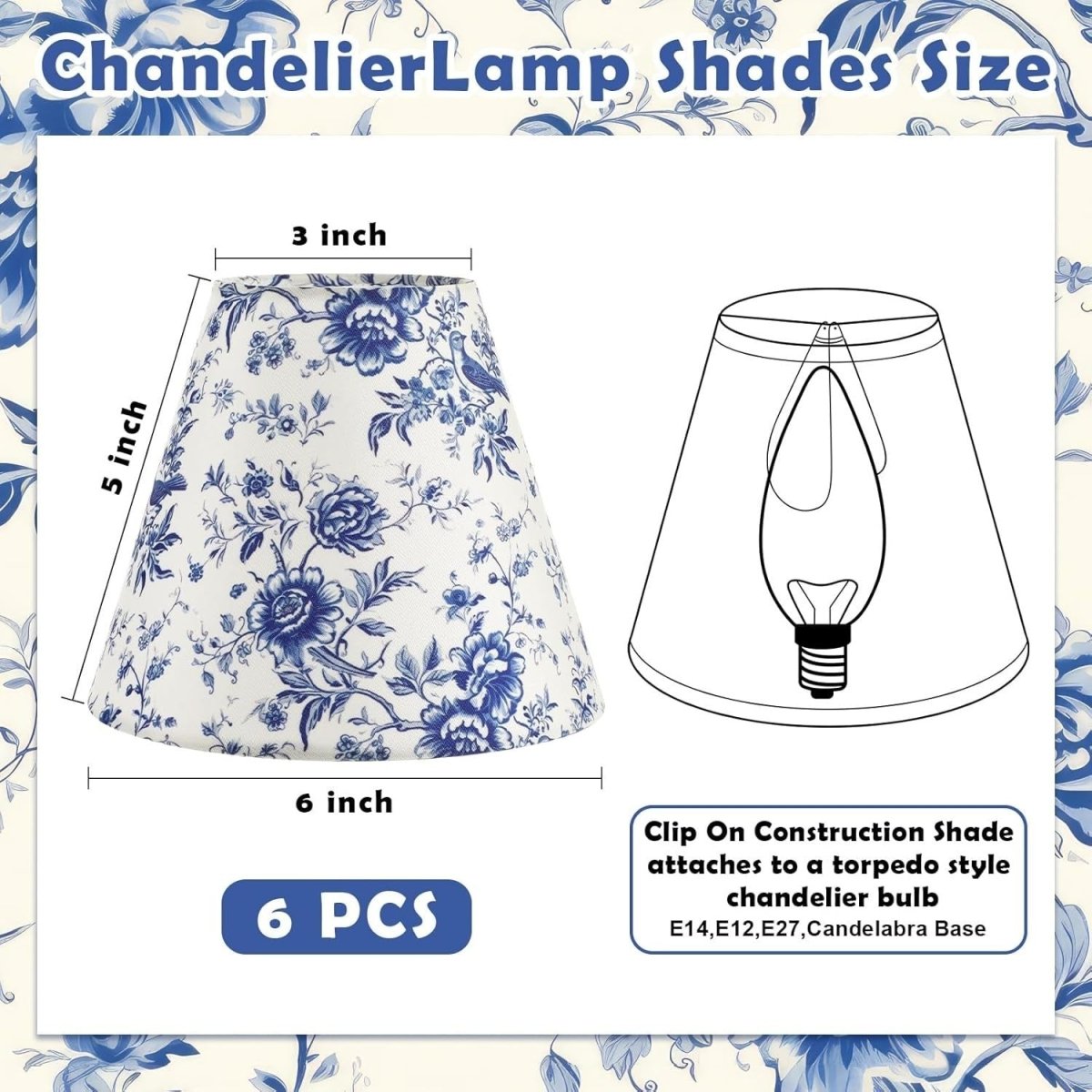 6 Pack Chandelier Clip Lampshades Blue Floral French Toile Fabric - Kwikley