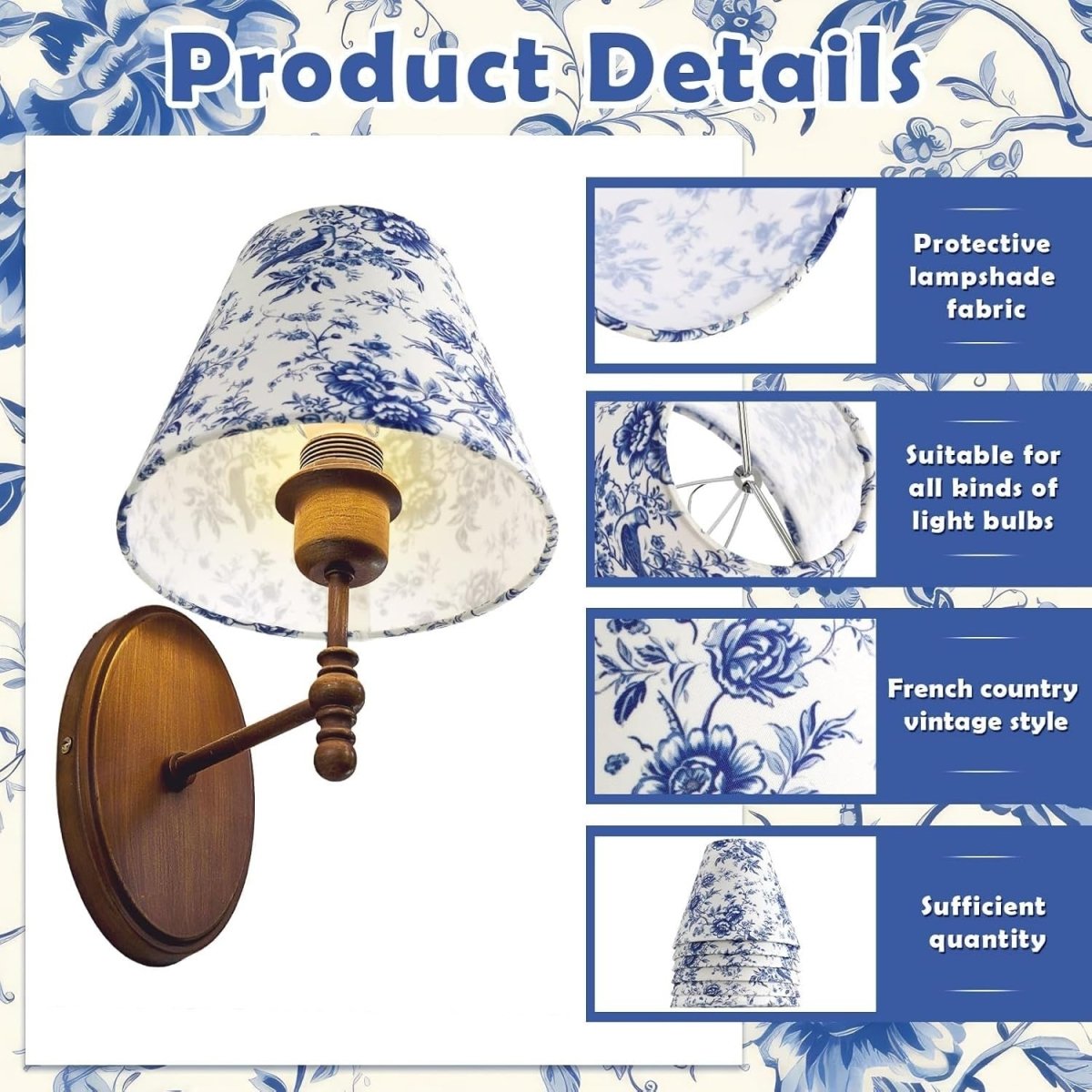 6 Pack Chandelier Clip Lampshades Blue Floral French Toile Fabric - Kwikley