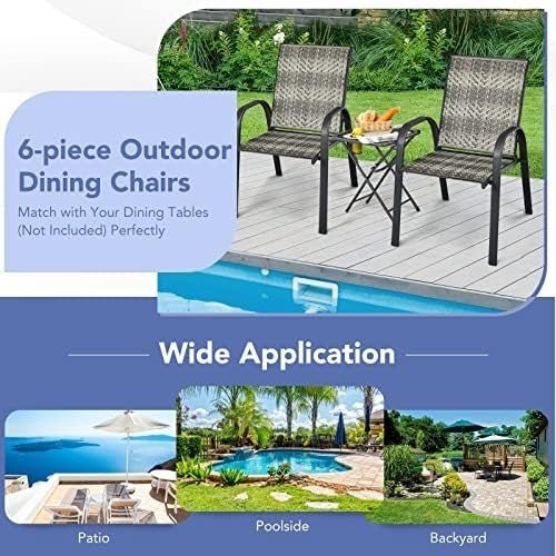6 Pack Rattan Garden Dining Chairs Stackable Patio Wicker Armrest Chairs - Kwikley