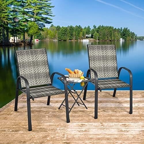6 Pack Rattan Garden Dining Chairs Stackable Patio Wicker Armrest Chairs - Kwikley
