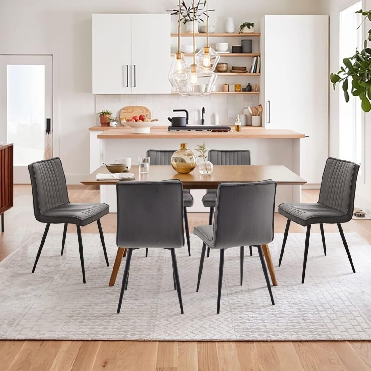 6 Pack Velvet Dining Chairs Upholstered Kitchen Chairs Metal Legs Grey - Kwikley