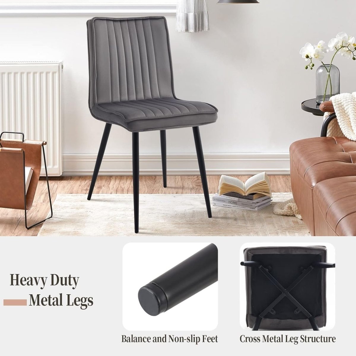 6 Pack Velvet Dining Chairs Upholstered Kitchen Chairs Metal Legs Grey - Kwikley