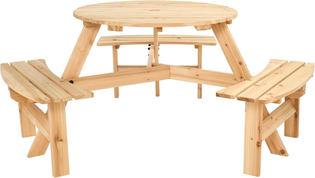 6 Seater Round Garden Bench Table Cedar Wood Parasol Ready Outdoor - Kwikley