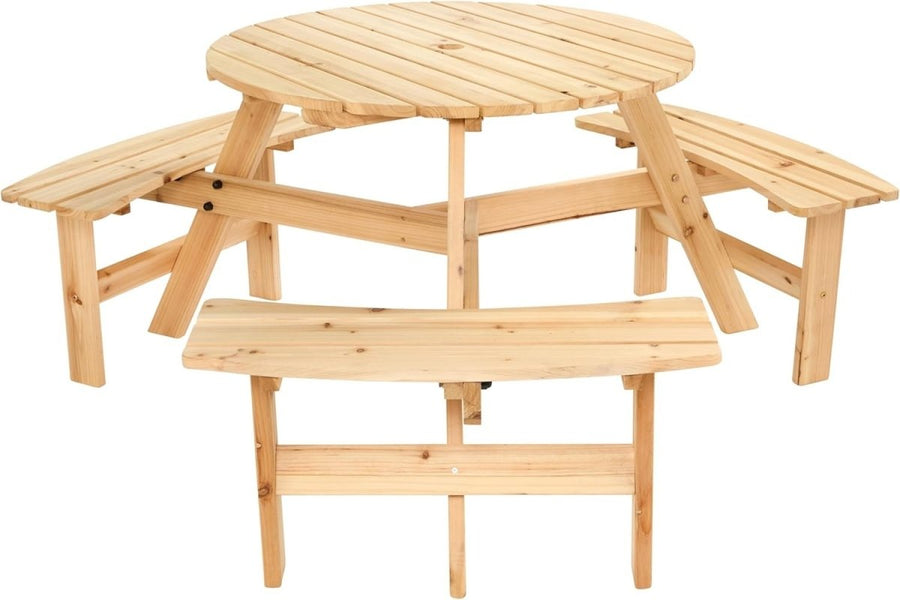 6 Seater Round Garden Bench Table Cedar Wood Parasol Ready Outdoor - Kwikley