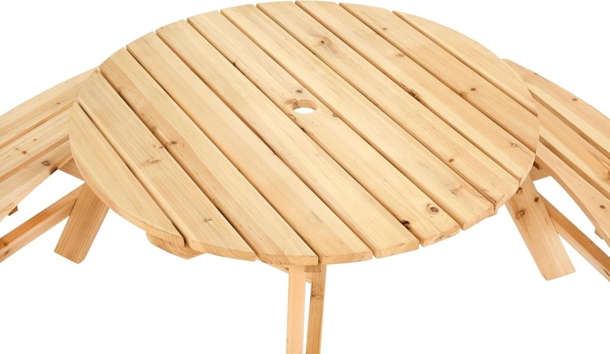 6 Seater Round Garden Bench Table Cedar Wood Parasol Ready Outdoor - Kwikley