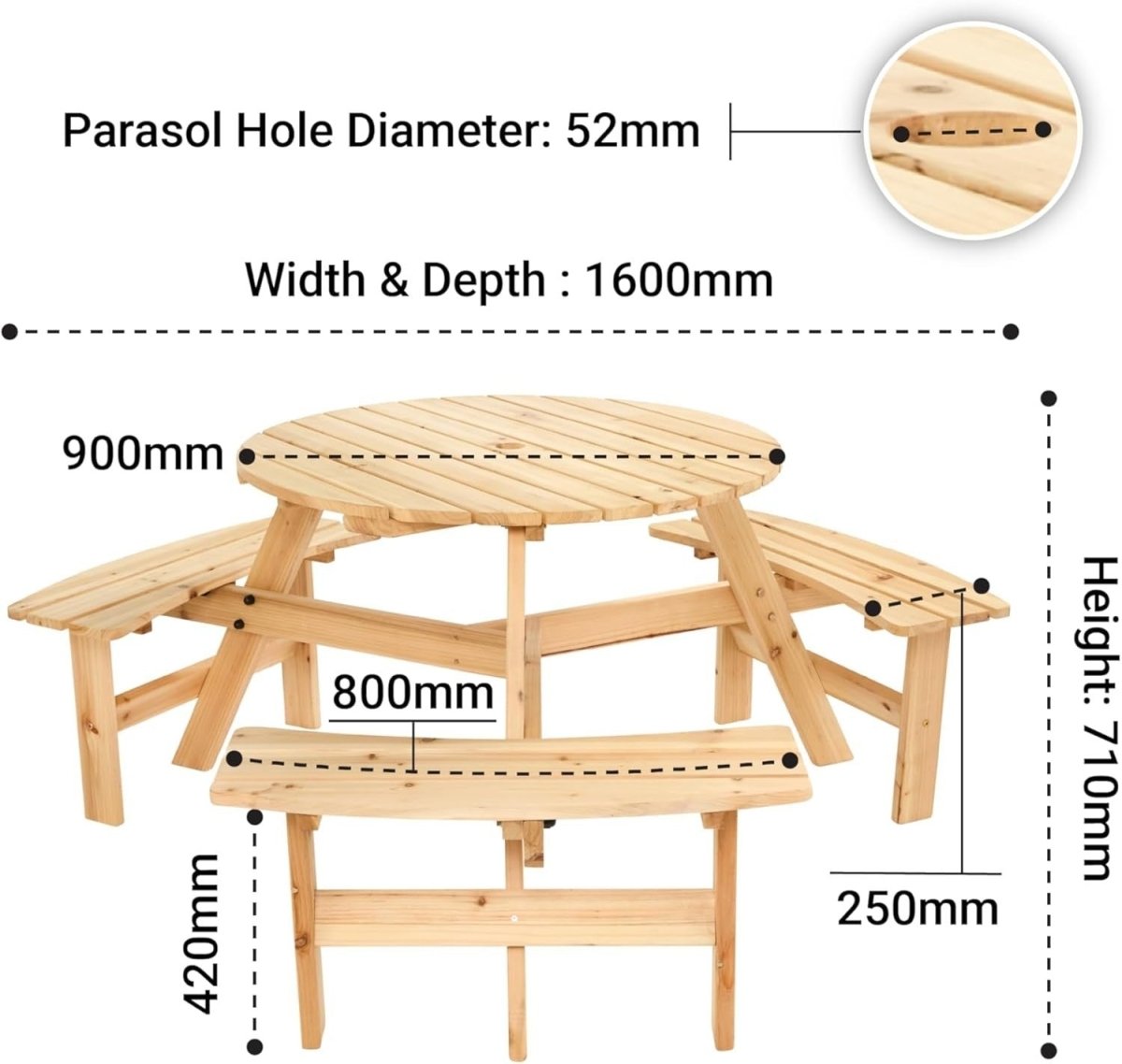 6 Seater Round Garden Bench Table Cedar Wood Parasol Ready Outdoor - Kwikley