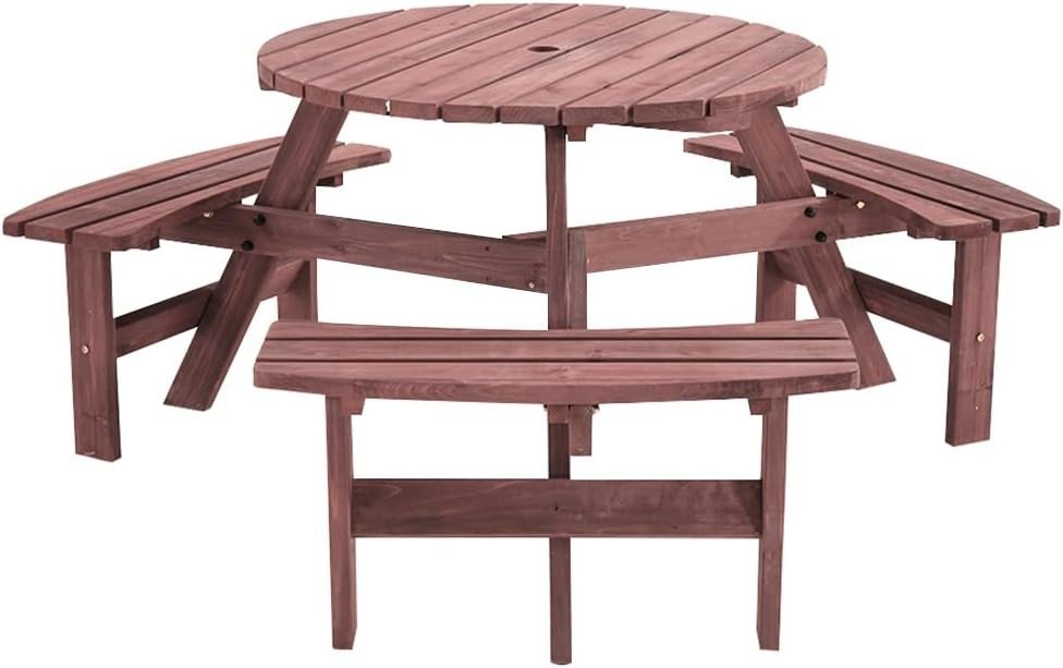 6 Seater Round Wooden Picnic Table Set Garden Patio Bench Seats - Kwikley