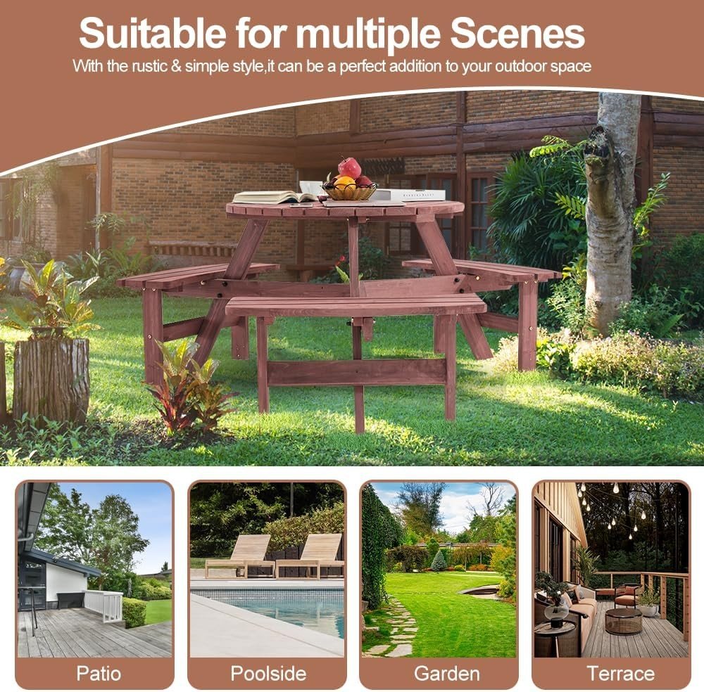 6 Seater Round Wooden Picnic Table Set Garden Patio Bench Seats - Kwikley