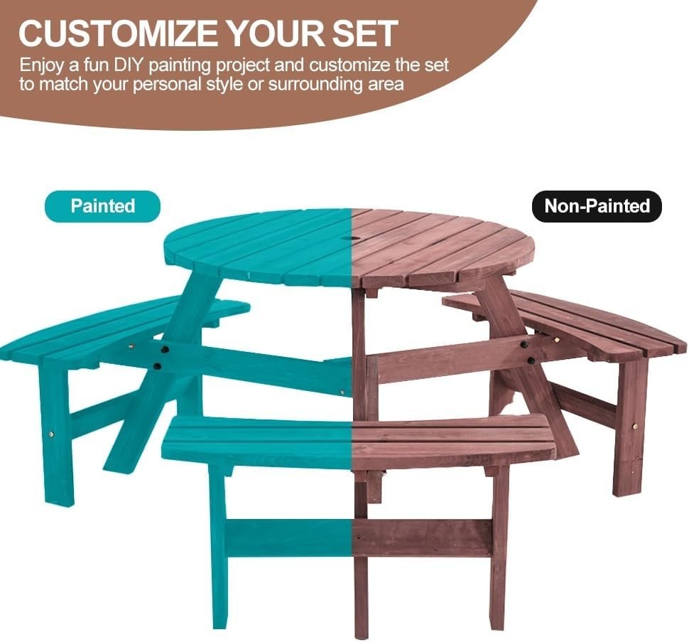 6 Seater Round Wooden Picnic Table Set Garden Patio Bench Seats - Kwikley