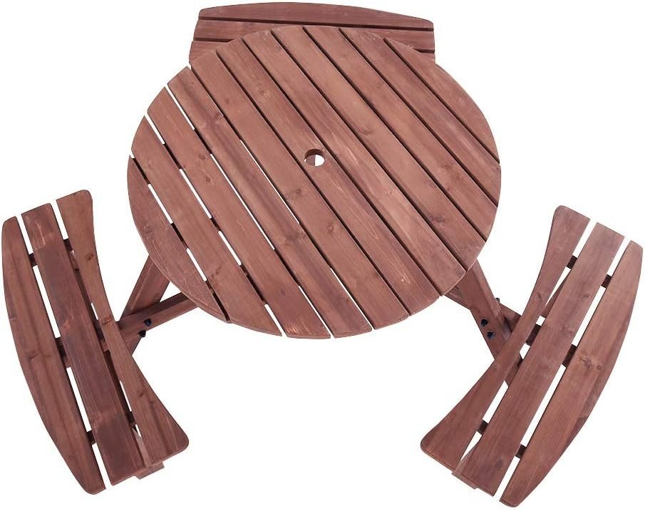 6 Seater Round Wooden Picnic Table Set Garden Patio Bench Seats - Kwikley